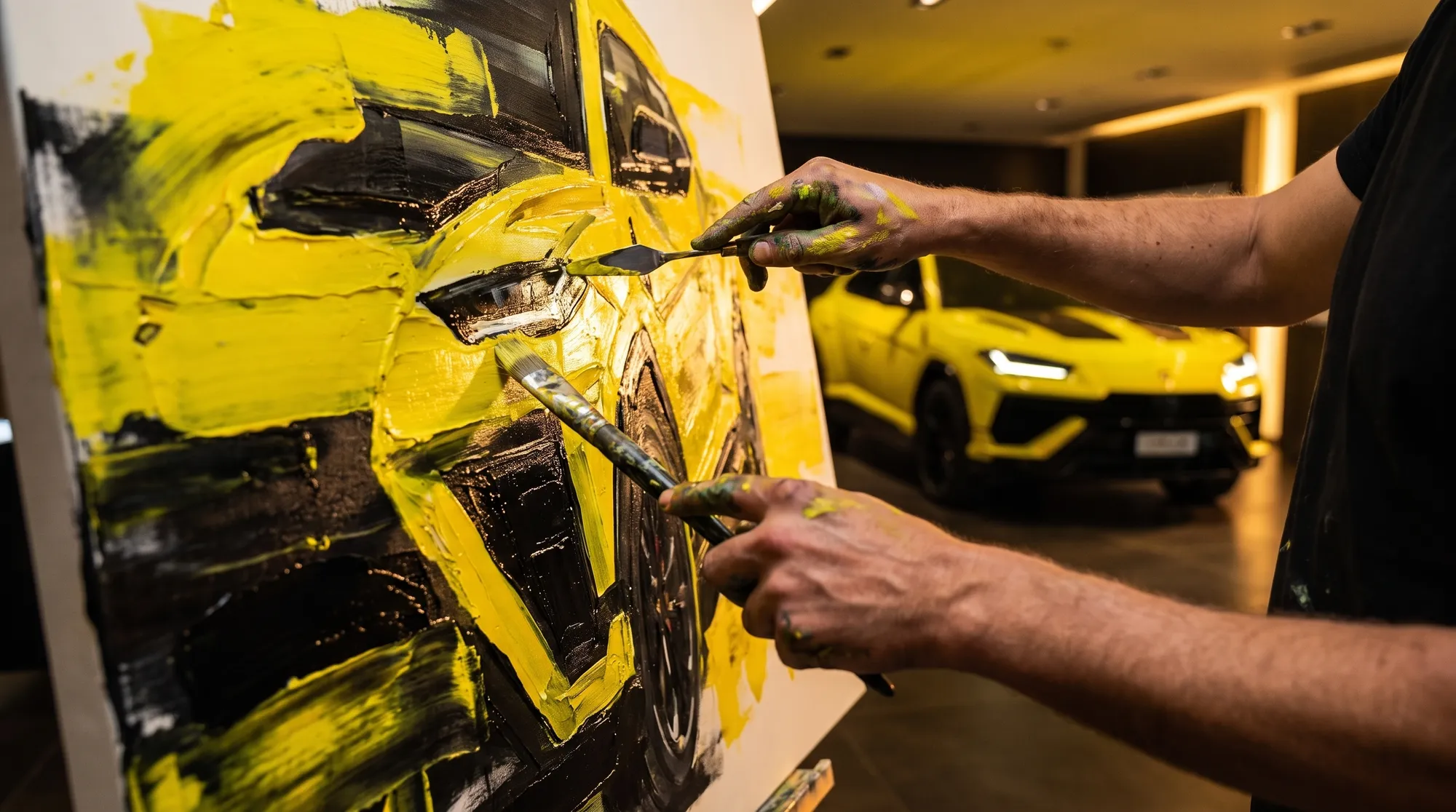 A painter’s hands working a palette knife across a bold yellow and black canvas of the Urus, with the car in the background