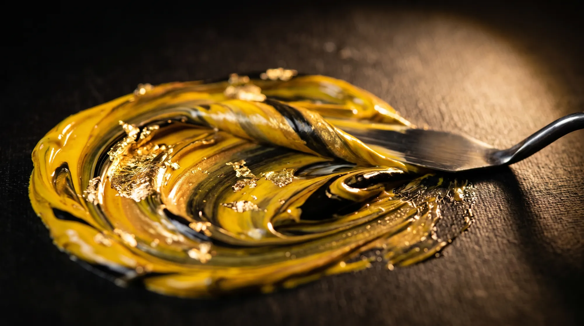 Macro of thick yellow, black and gold-leaf paint dragged by a palette knife in sweeping curves