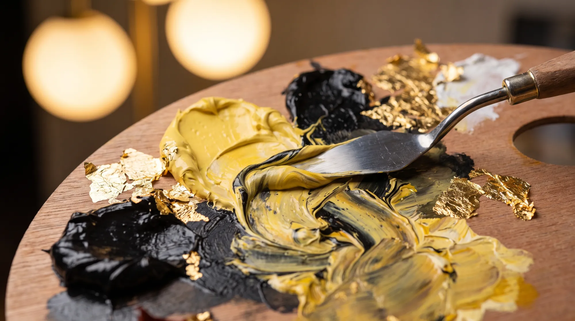 A palette loaded with yellow, black and gold-leaf paint, a palette knife mid-mix, warm lights behind