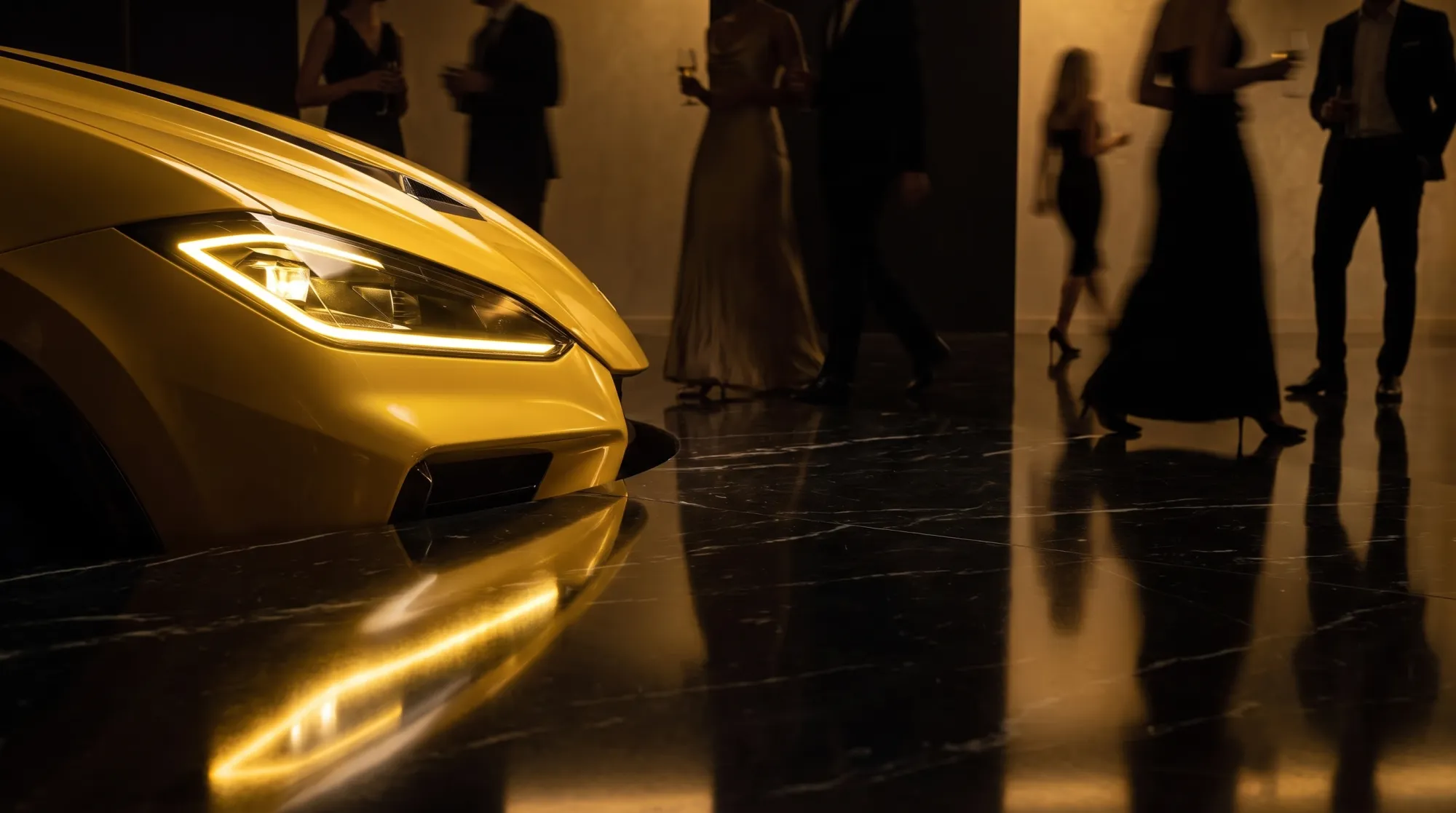A glowing Urus headlight reflected in a polished showroom floor as guests move past in soft blur