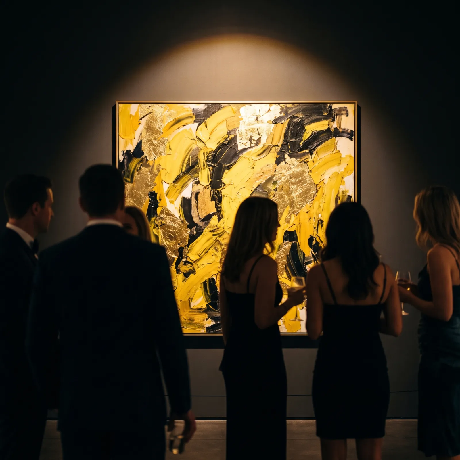 A finished yellow, black and gold abstract painting under a spotlight as guests admire it